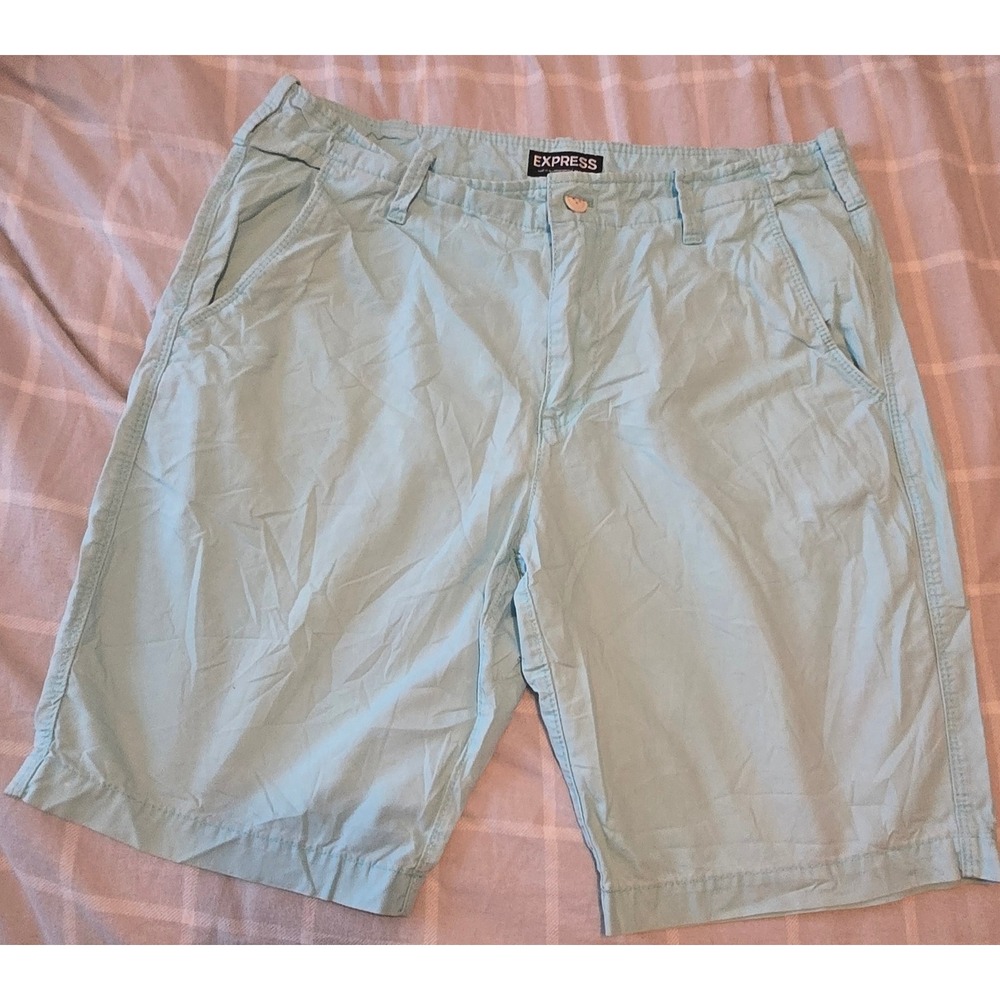 Express Men's Chino Shorts Size 32 Light Blue Aqua Mint Flat Front Casual Summer